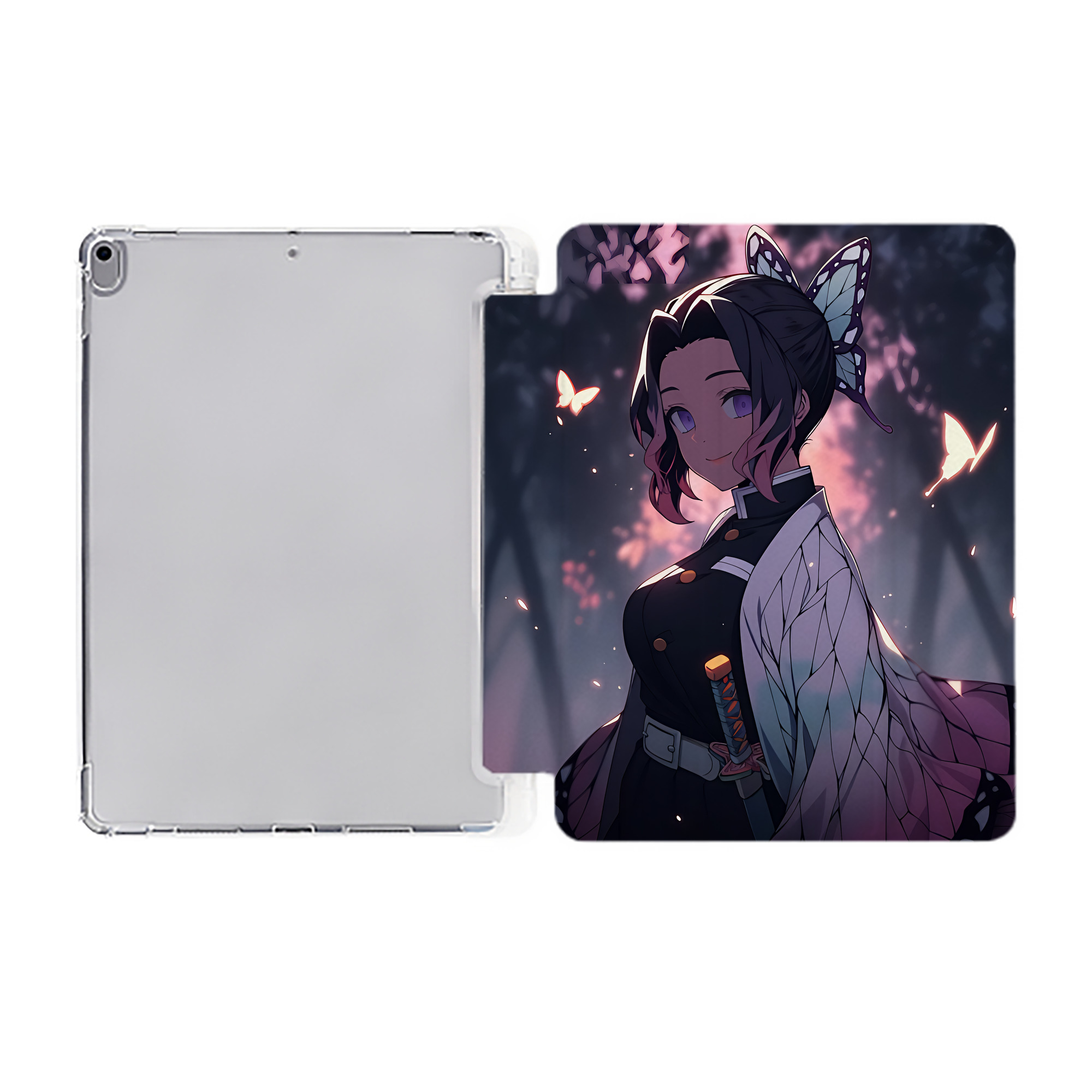 （画像用） 鬼滅の刃（きめつのやいば）蟲柱-胡蝶 しのぶ／こちょう しのぶ Kochou Shinobu IPad ケース ペン収納付き 三つ折りスタンド PUレザー×シリコン 対応機種9.5/10.5/10.9インチ